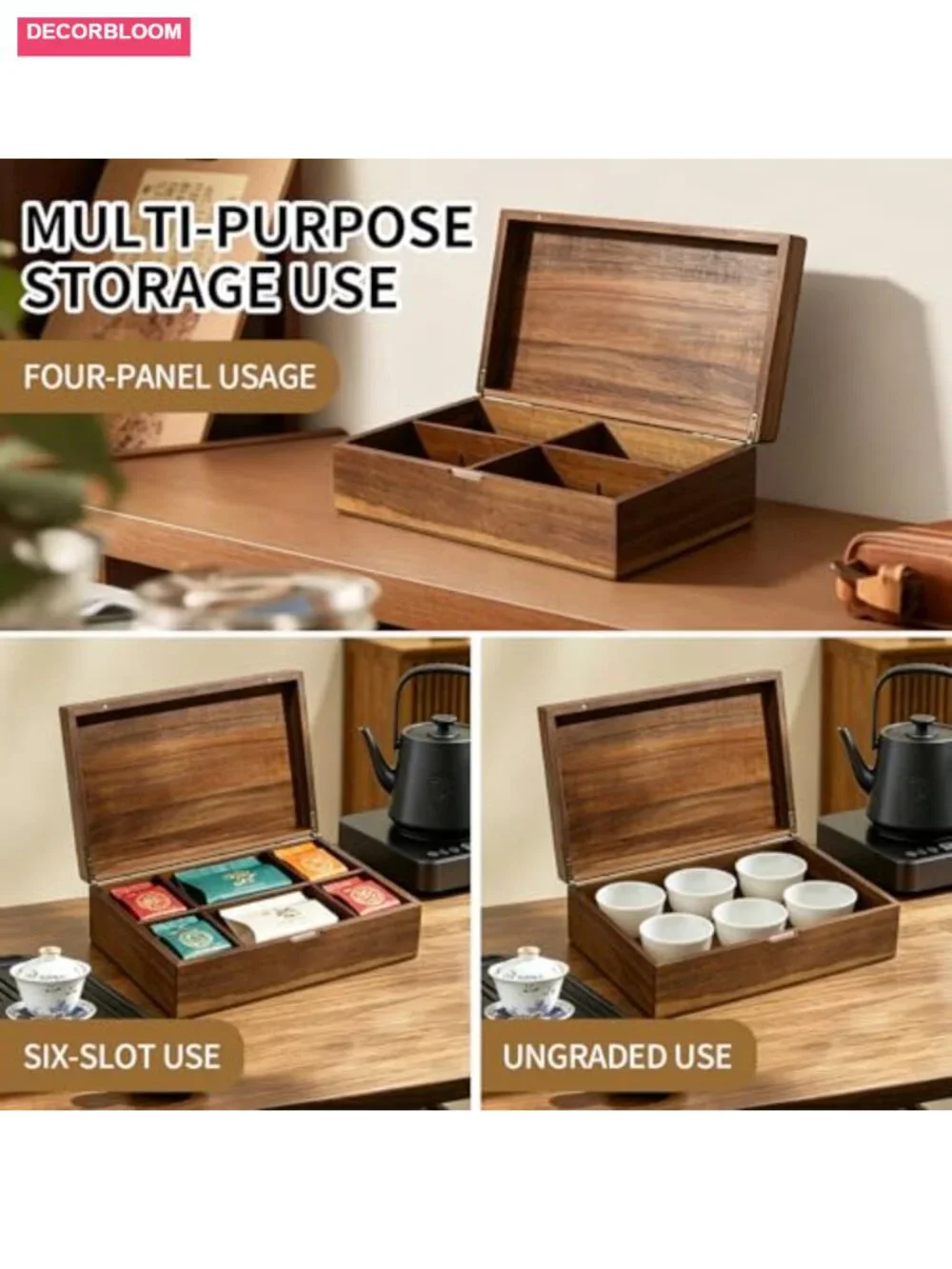 Acacia Wooden Tea Bag Organizer with Magnetic Lid, 8 Adjustable Compartments